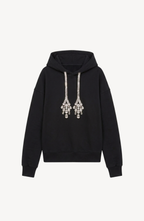 Women's black hoodie with crystal drawstring details and long sleeves