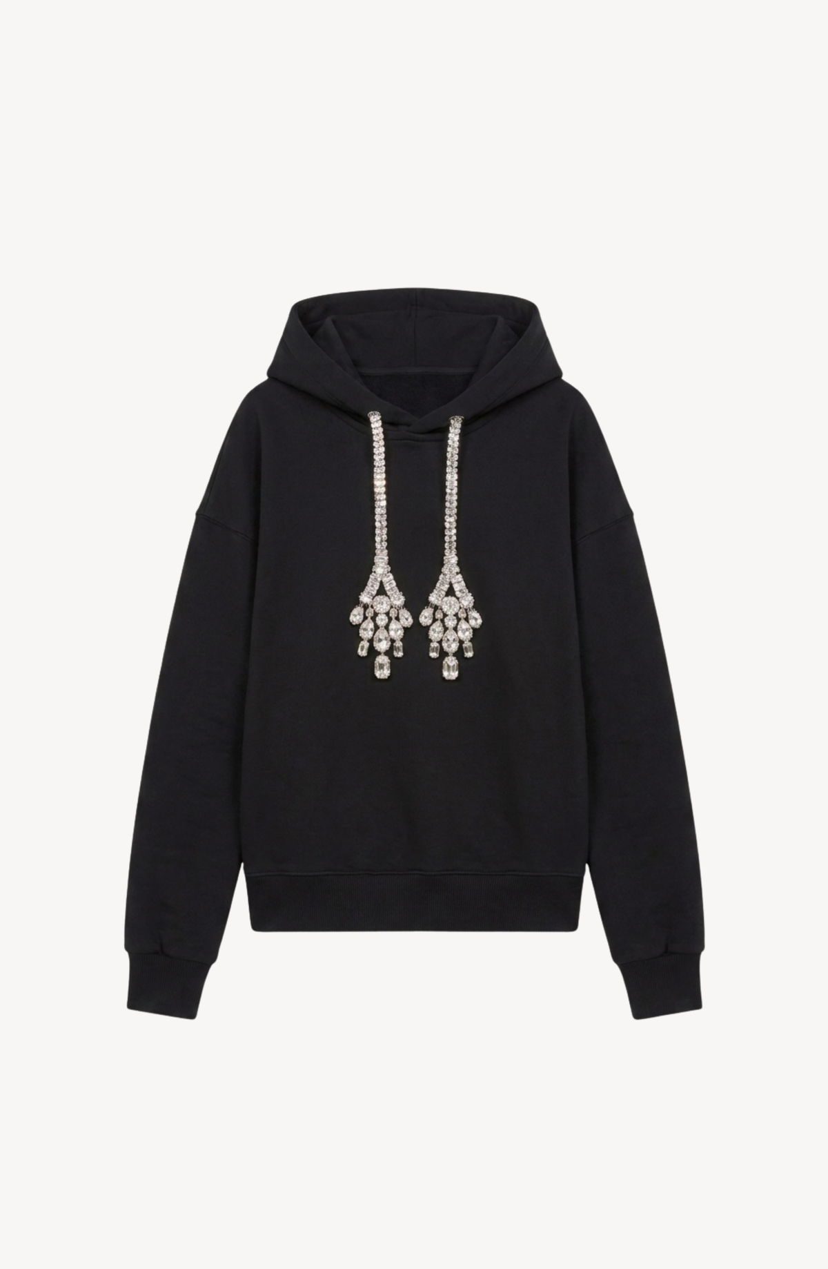Women's black hoodie with crystal drawstring details and long sleeves