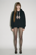 Women's black hoodie with crystal drawstring details and long sleeves