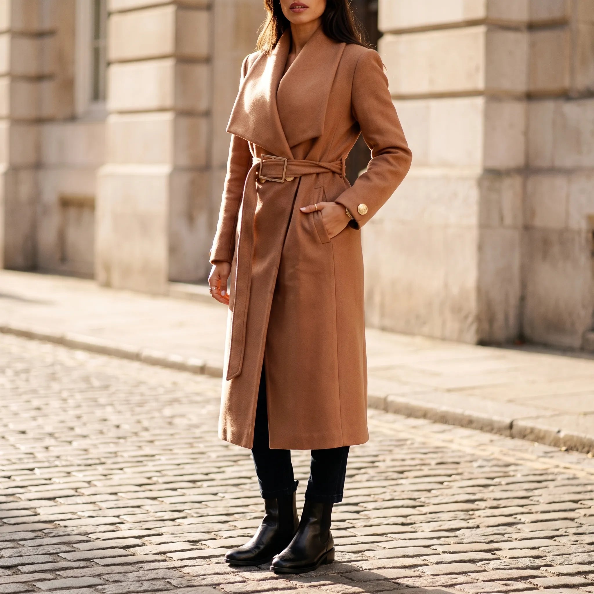 Cymelos  - Belted Wrap Long Camel Coat Cool Weather Layering