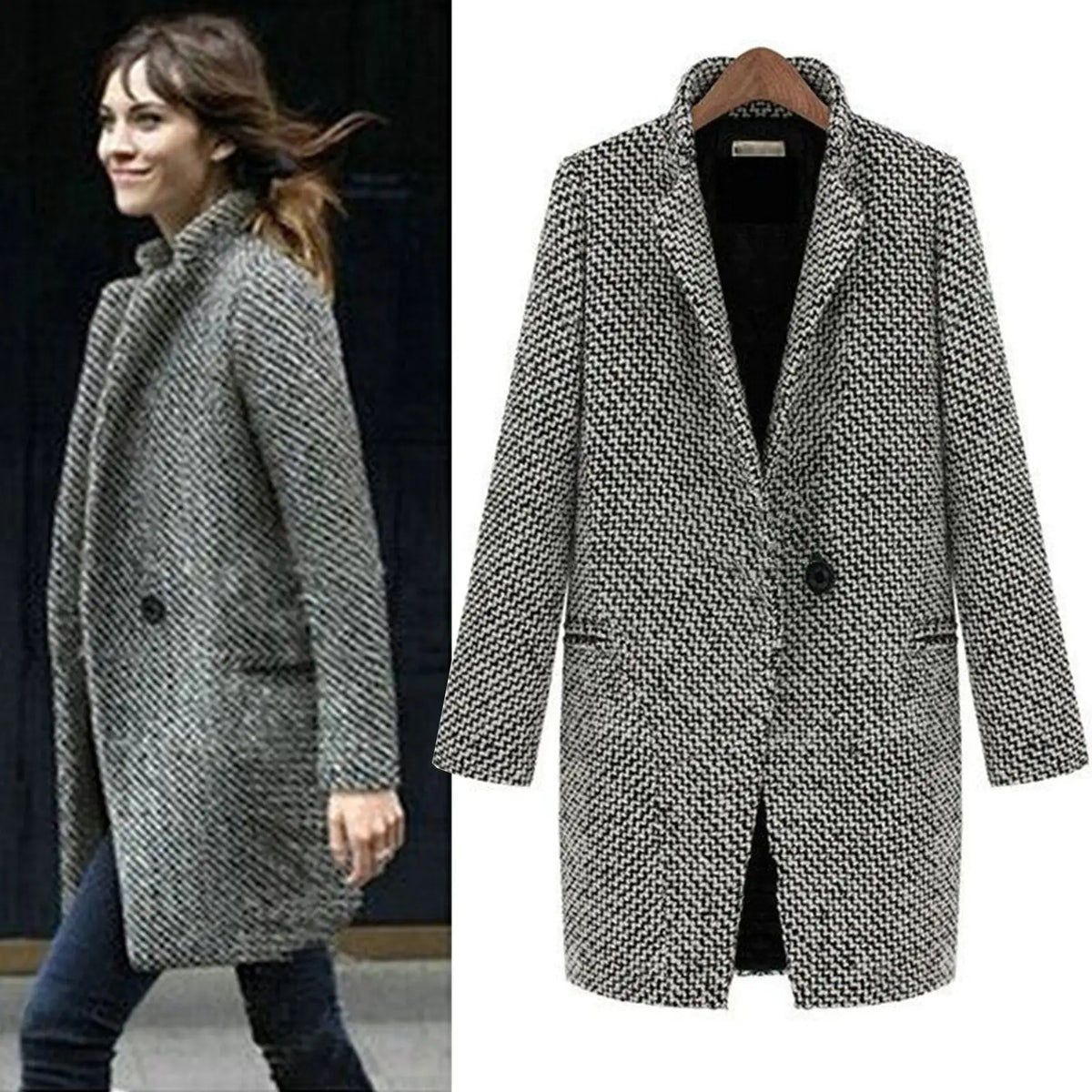 Women's long black and white herringbone coat with notched collar and button fastening