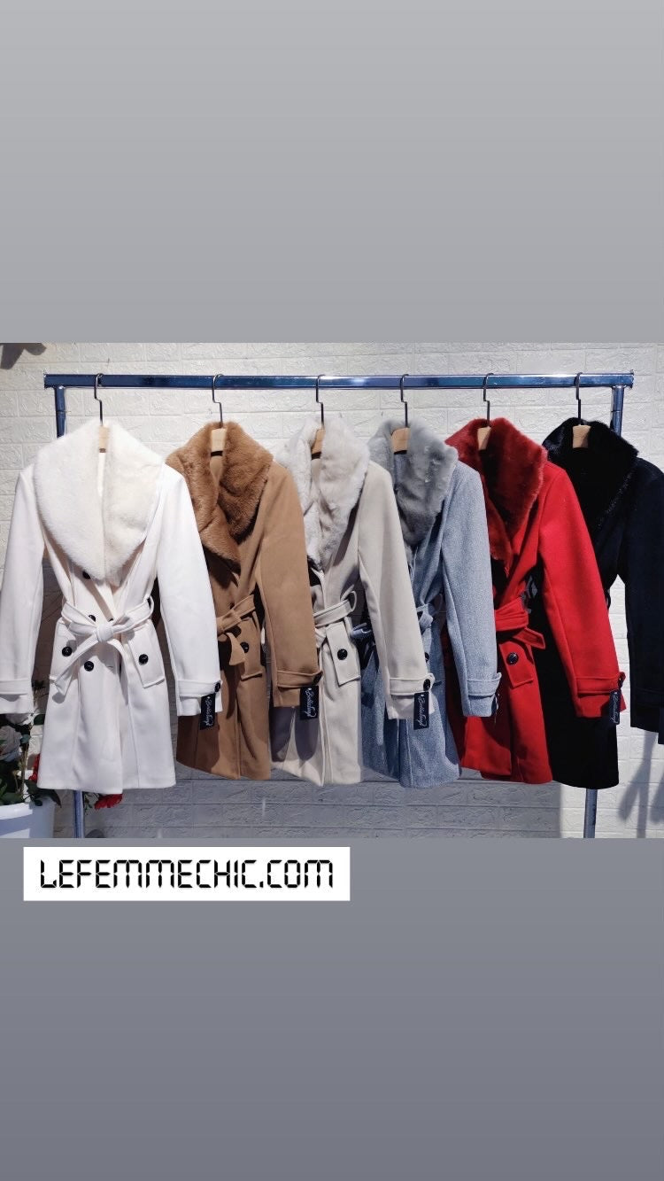 Women's double-breasted belted short coat with notched lapels and flap pockets