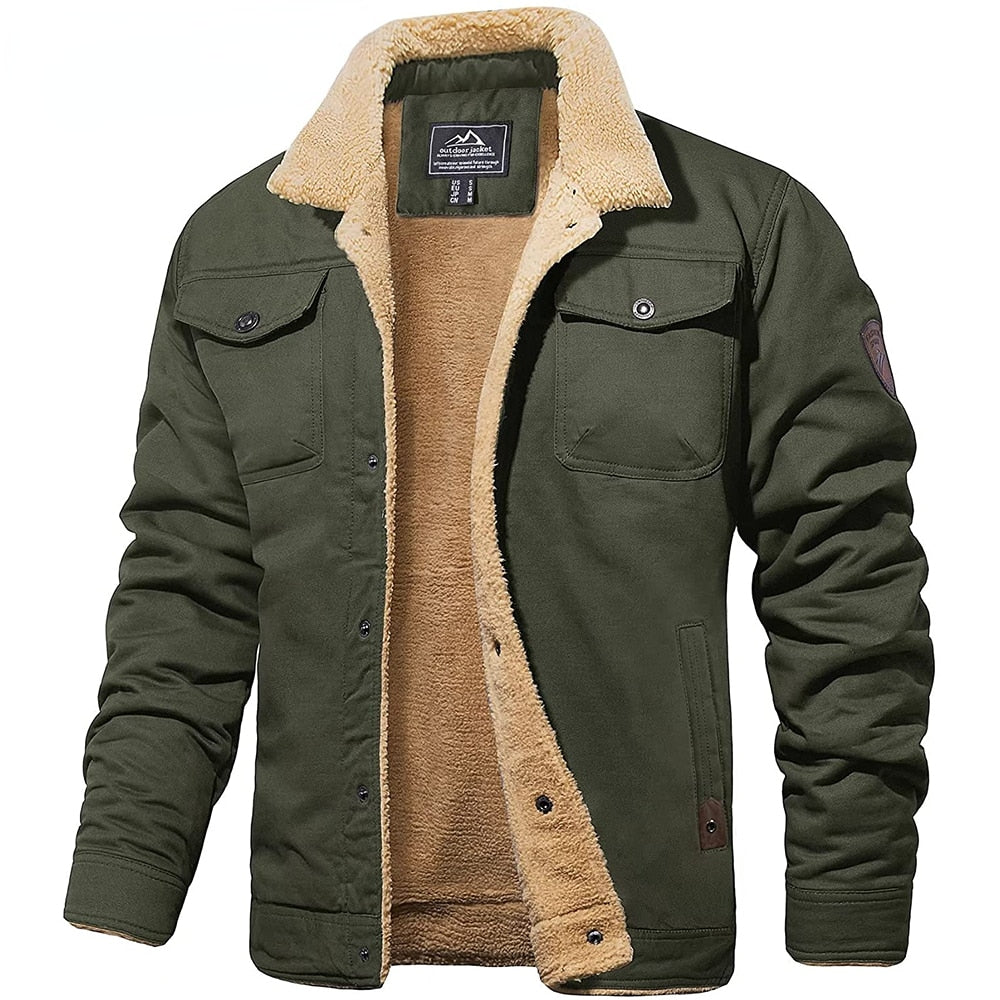 Men's fleece lined jacket with button front, turn-down collar and multiple pockets