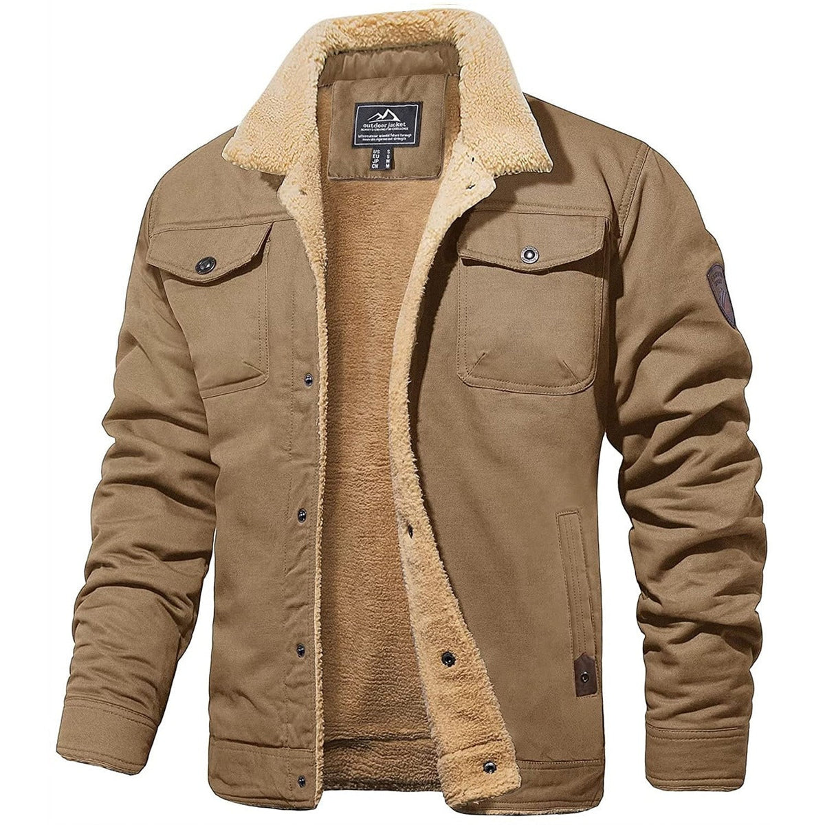 Men's fleece lined jacket with button front, turn-down collar and multiple pockets