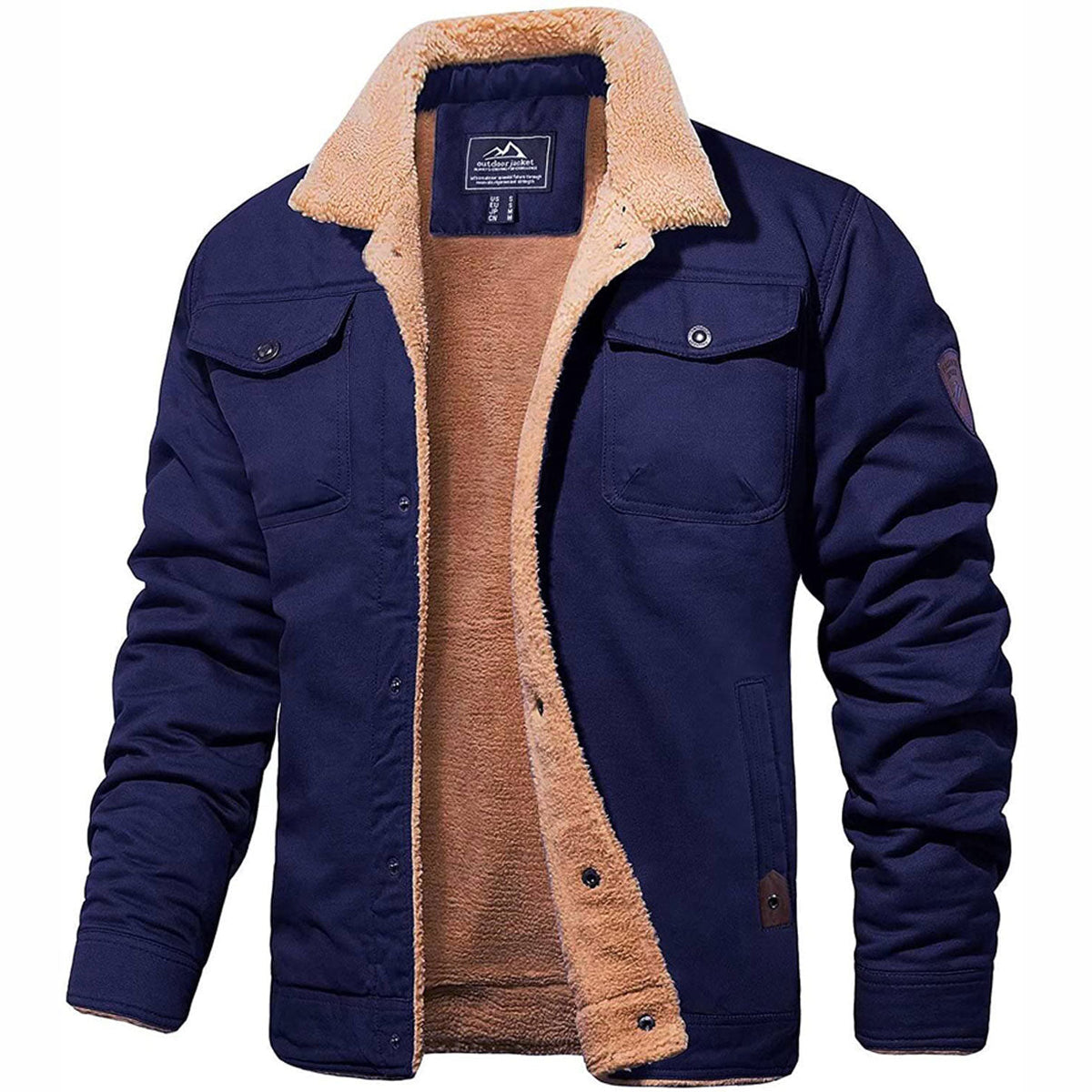 Men's fleece lined jacket with button front, turn-down collar and multiple pockets