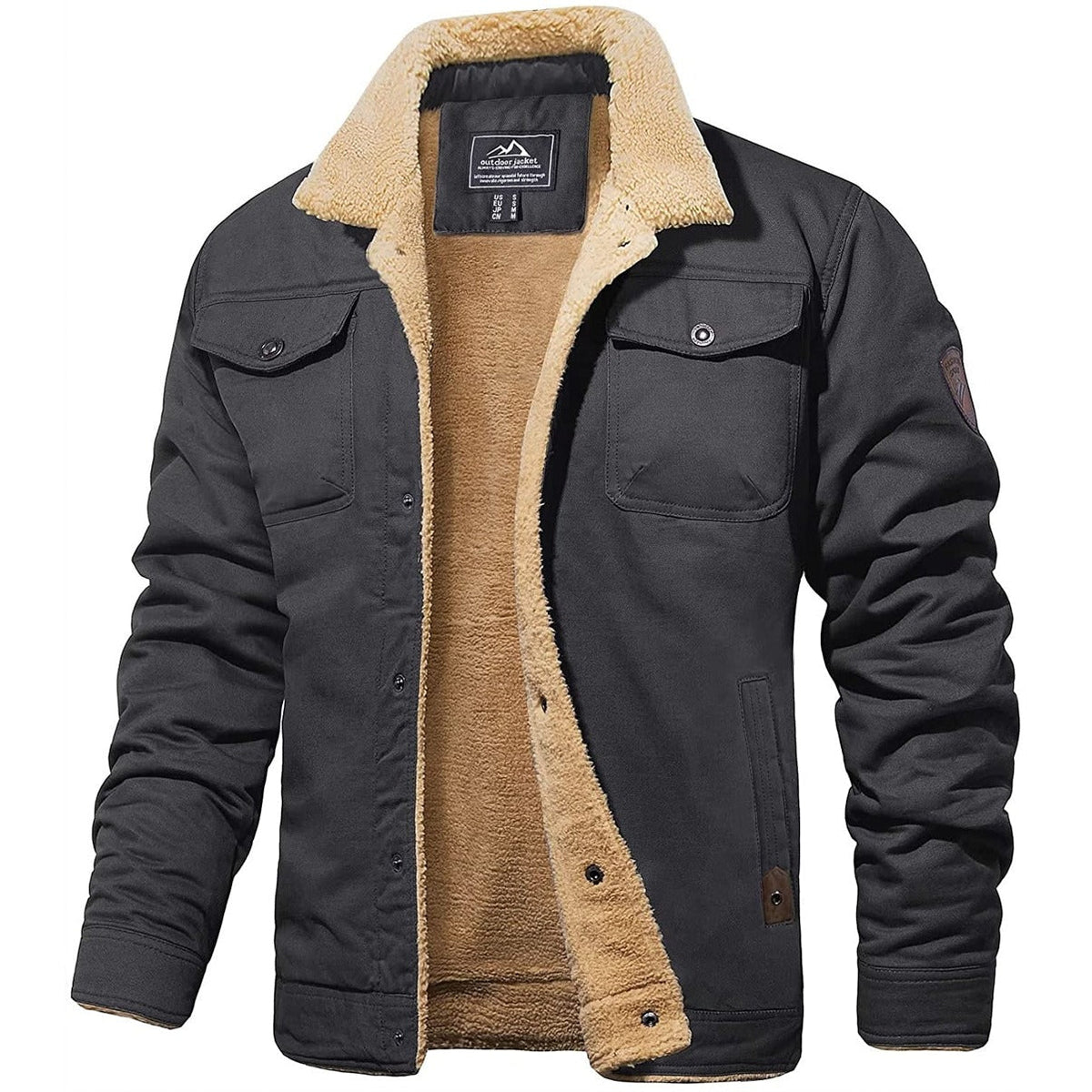 Men's fleece lined jacket with button front, turn-down collar and multiple pockets