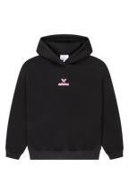 Women's black cropped hoodie with hood and pink chest logo