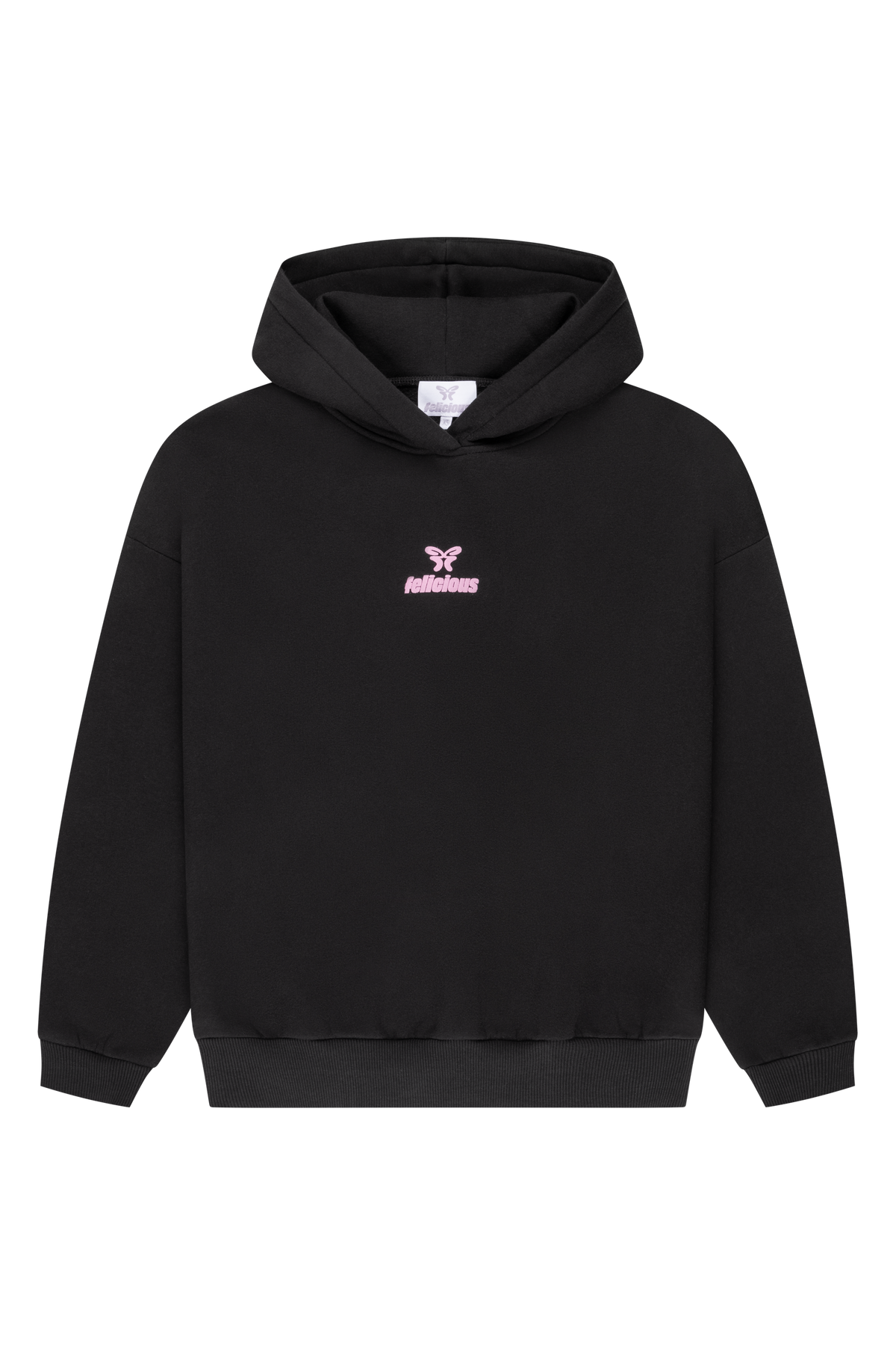 Women's black cropped hoodie with hood and pink chest logo