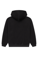 Women's black cropped hoodie with hood and pink chest logo