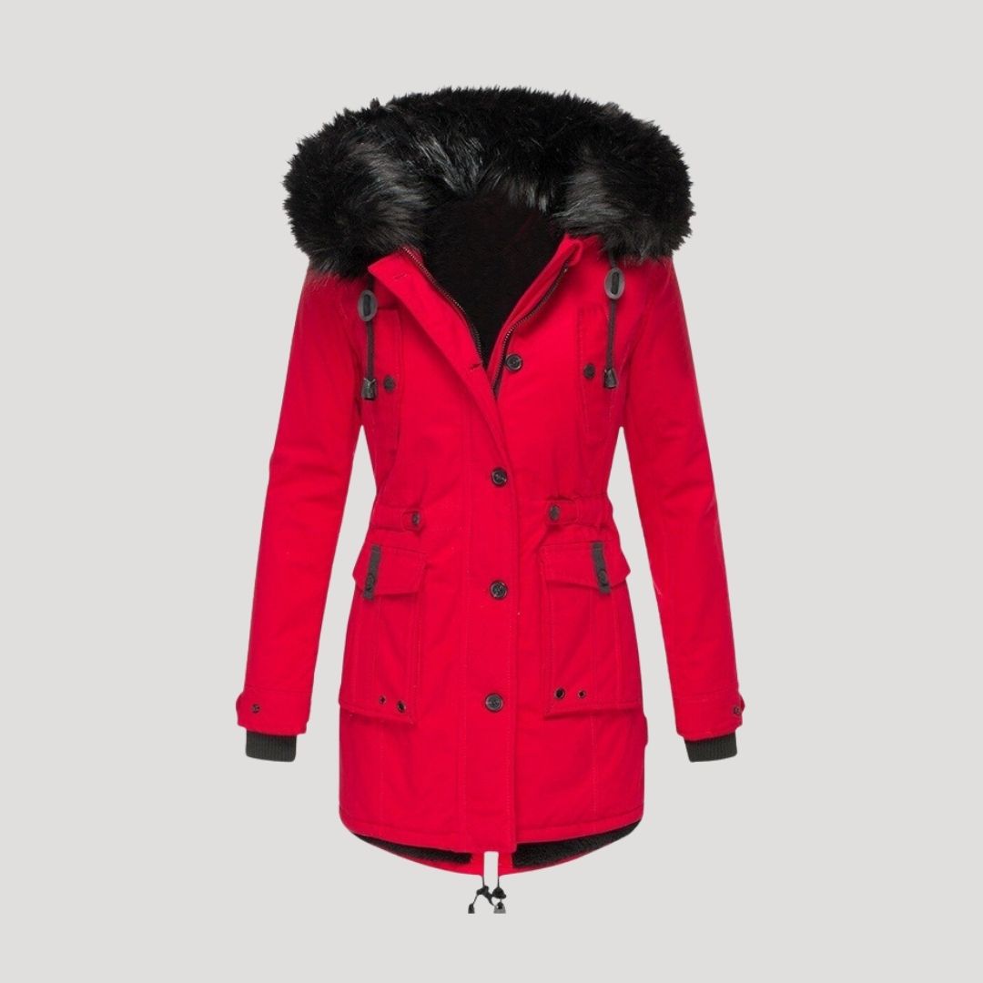 Women's long winter parka with faux fur hood trim and multiple pockets