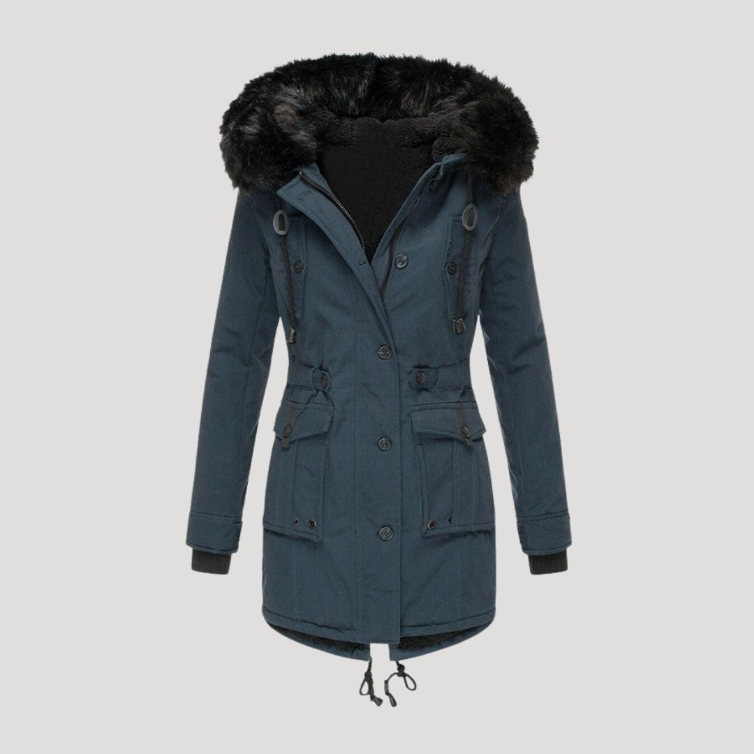 Women's long winter parka with faux fur hood trim and multiple pockets