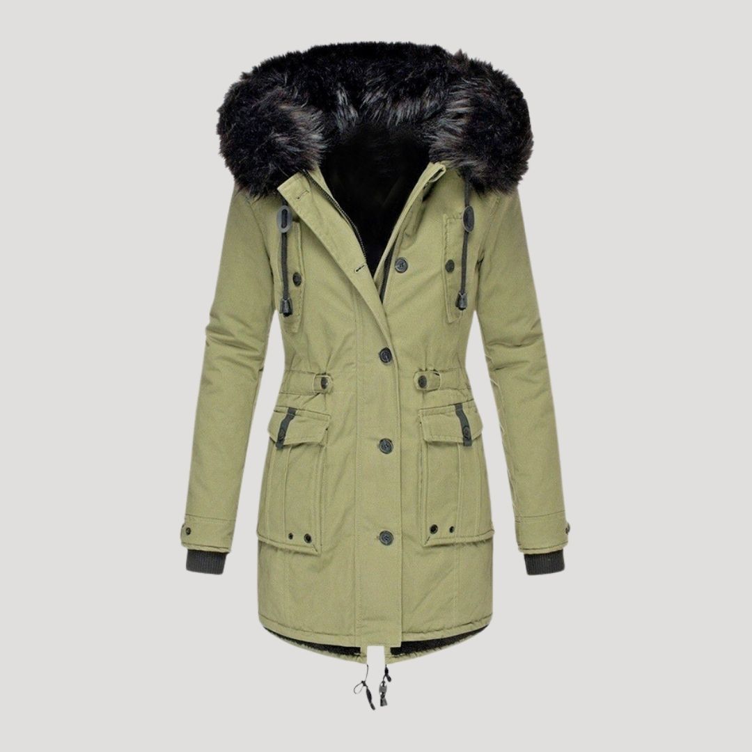 Women's long winter parka with faux fur hood trim and multiple pockets