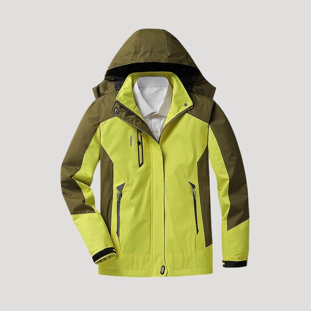 Women's hooded colour block waterproof jacket with long sleeves and zip pockets