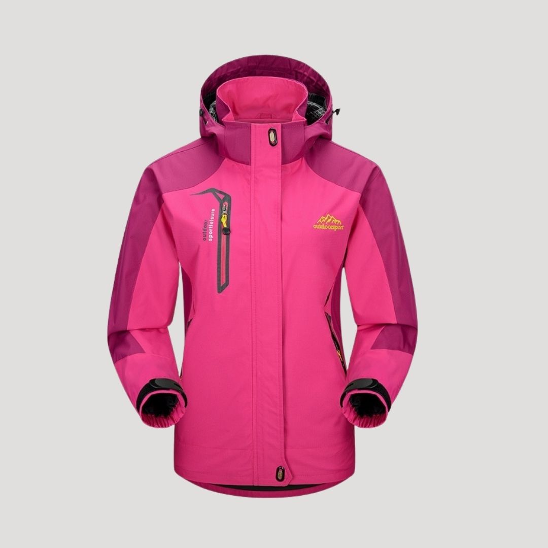 Women's hooded colour block waterproof jacket with long sleeves and zip pockets