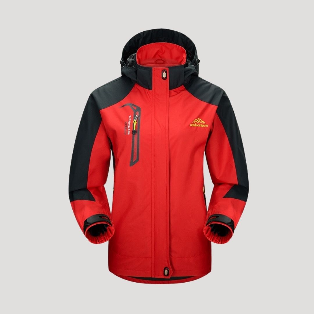 Women's hooded colour block waterproof jacket with long sleeves and zip pockets