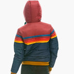 Women's hooded colourblock puffer jacket with striped panels and zipped pockets