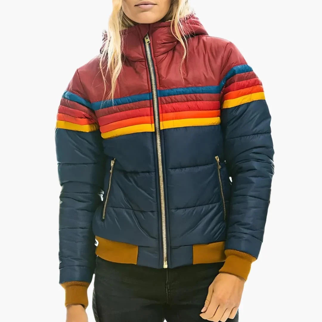 Women's hooded colourblock puffer jacket with striped panels and zipped pockets