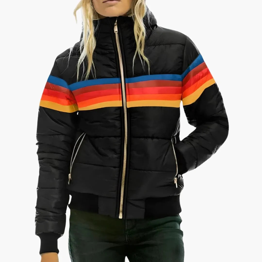 Women's hooded colourblock puffer jacket with striped panels and zipped pockets