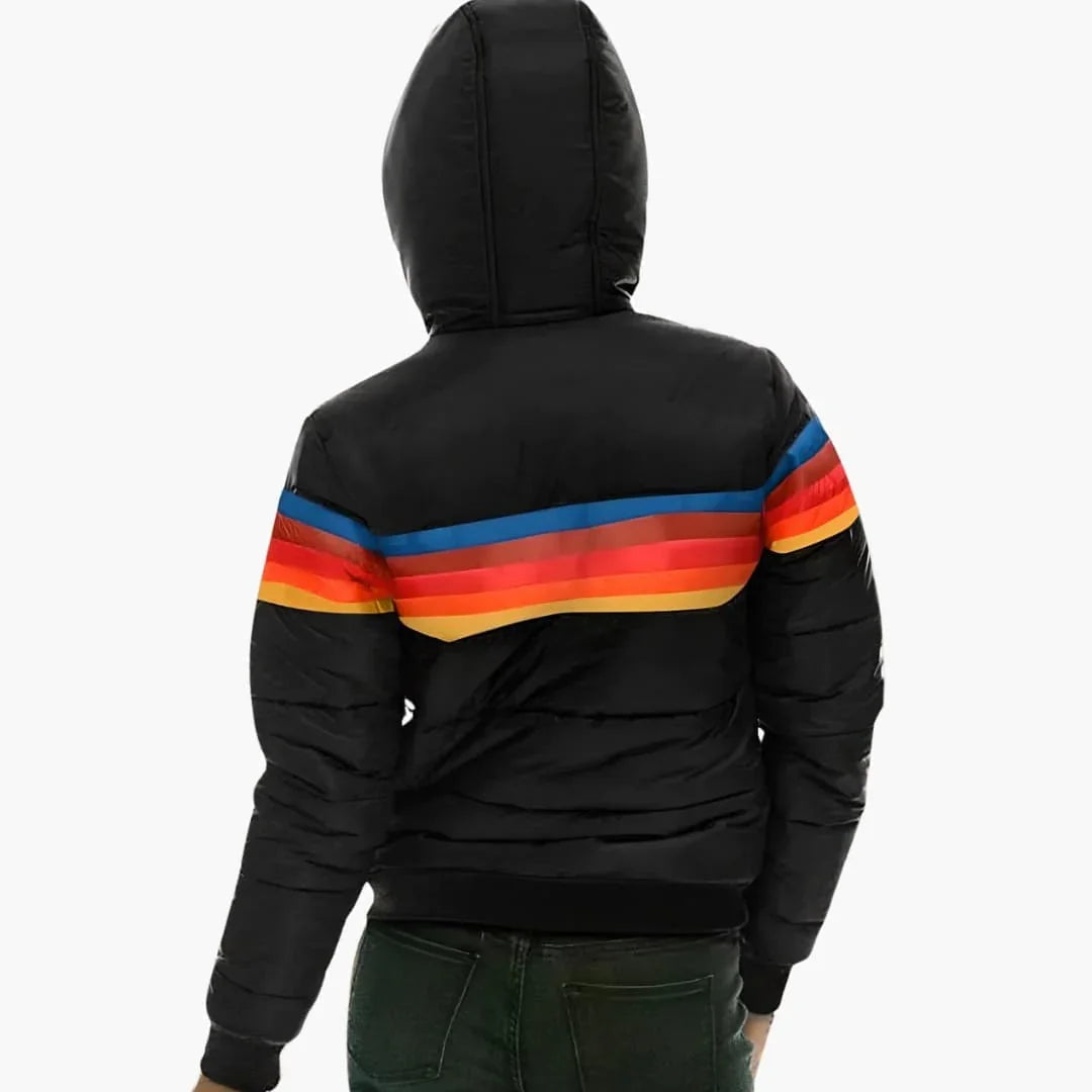 Women's hooded colourblock puffer jacket with striped panels and zipped pockets