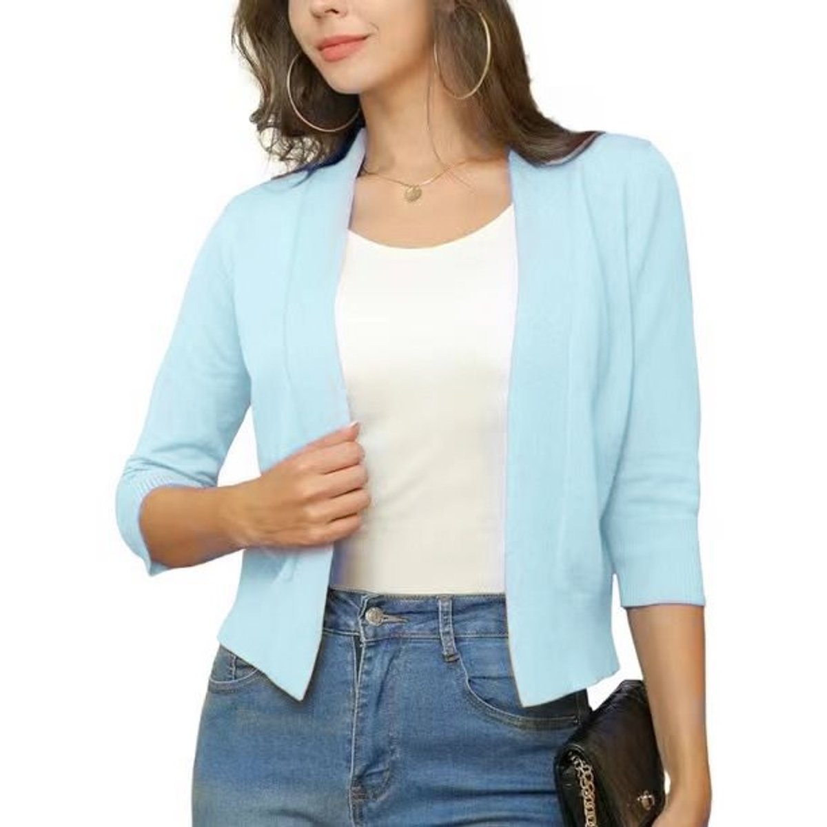 Women's cropped open-front cardigan with three-quarter sleeves