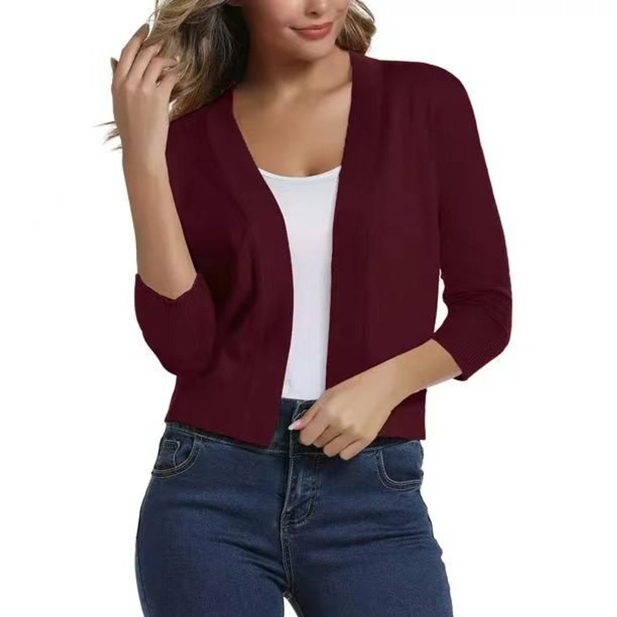 Women's cropped open-front cardigan with three-quarter sleeves