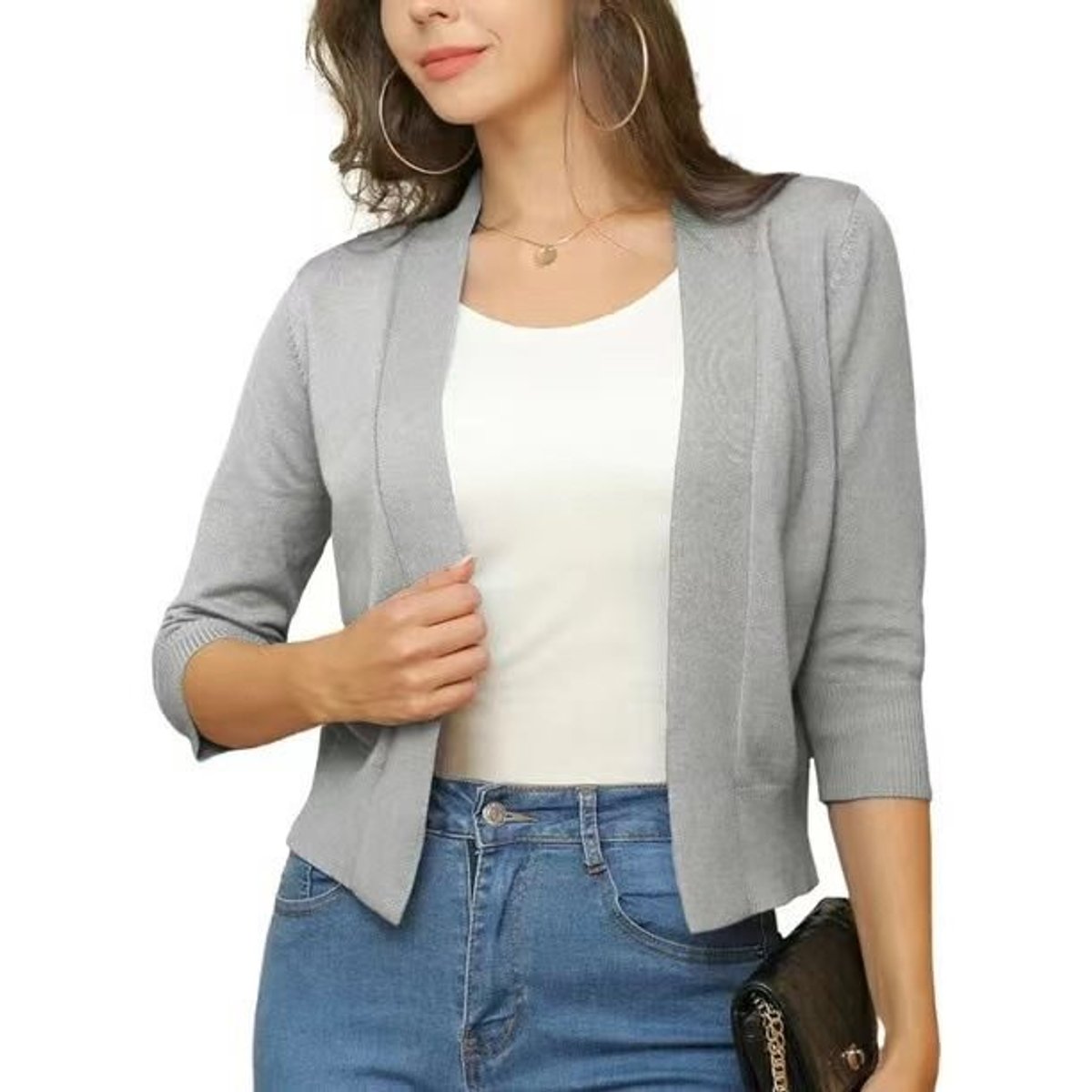 Women's cropped open-front cardigan with three-quarter sleeves