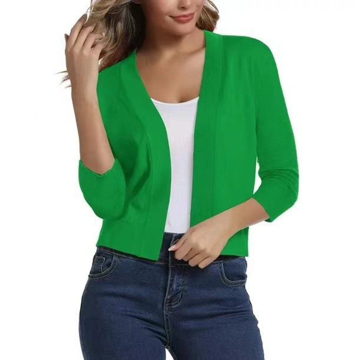 Women's cropped open-front cardigan with three-quarter sleeves
