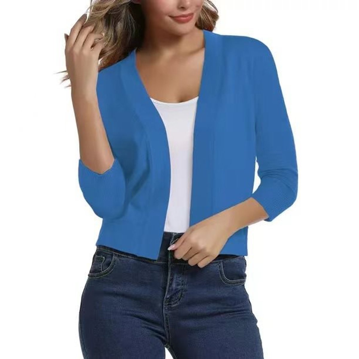 Women's cropped open-front cardigan with three-quarter sleeves