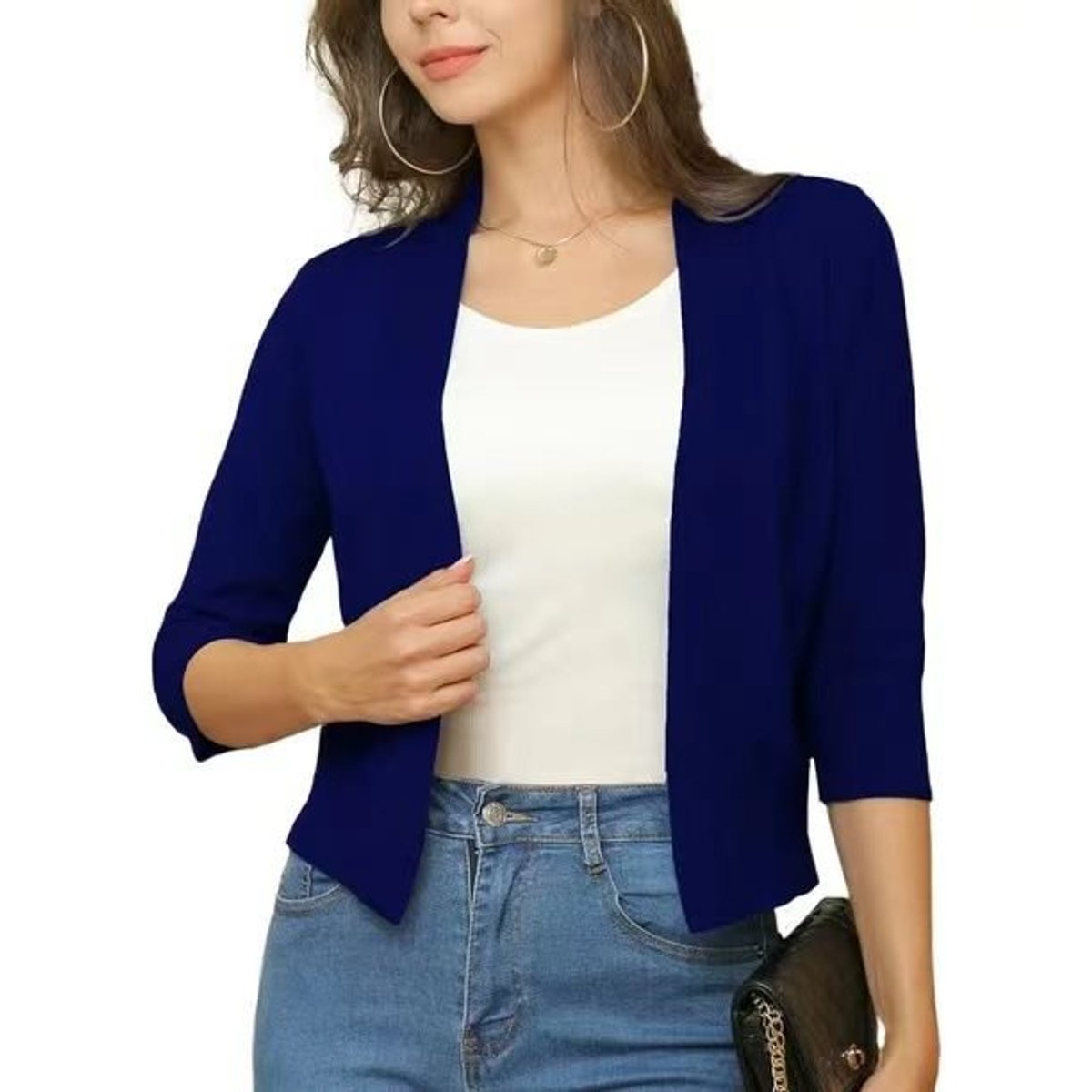 Women's cropped open-front cardigan with three-quarter sleeves
