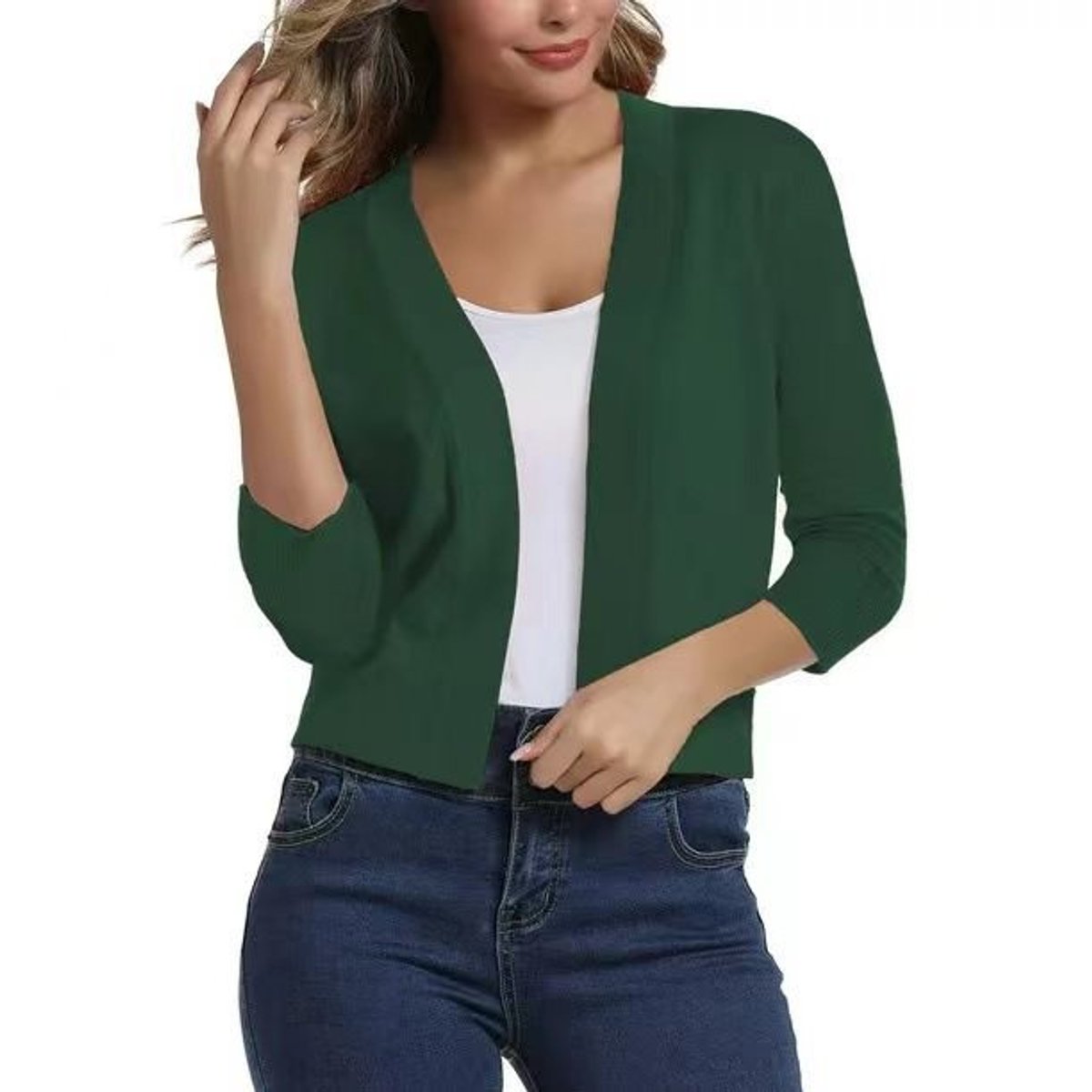 Women's cropped open-front cardigan with three-quarter sleeves