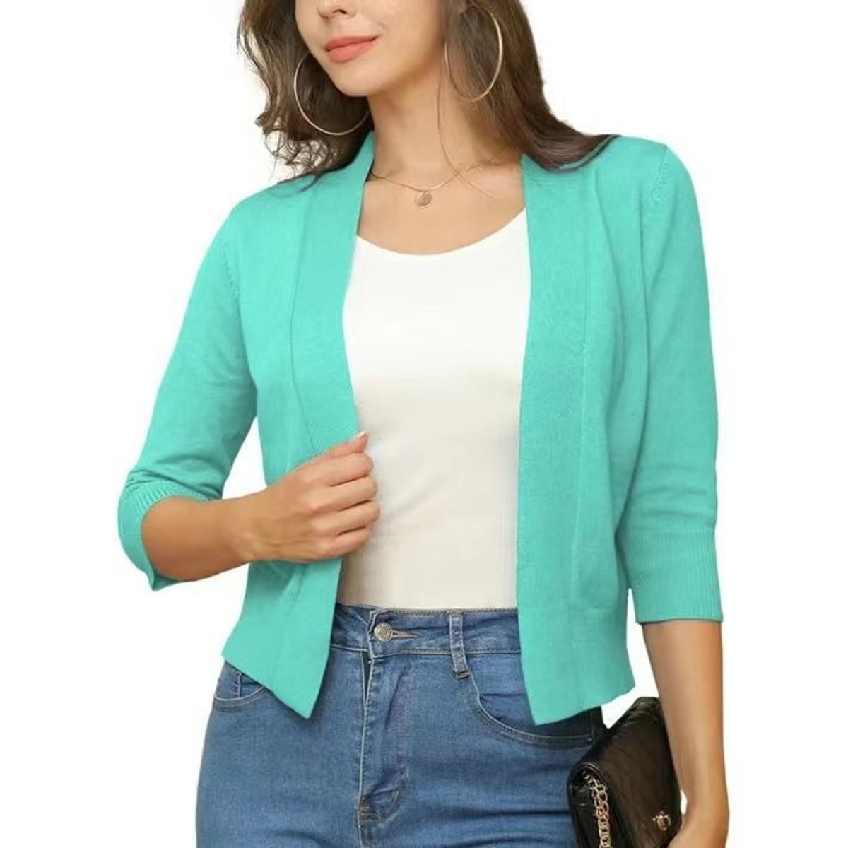 Women's cropped open-front cardigan with three-quarter sleeves