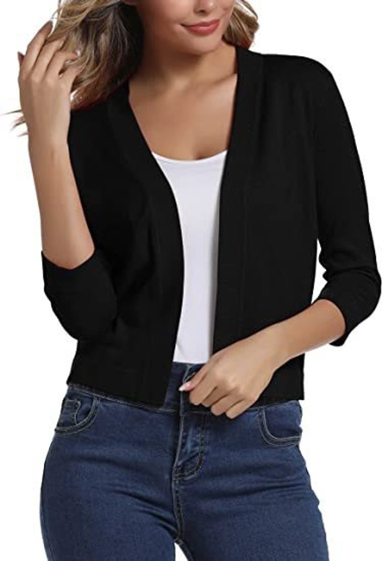 Women's cropped open-front cardigan with three-quarter sleeves