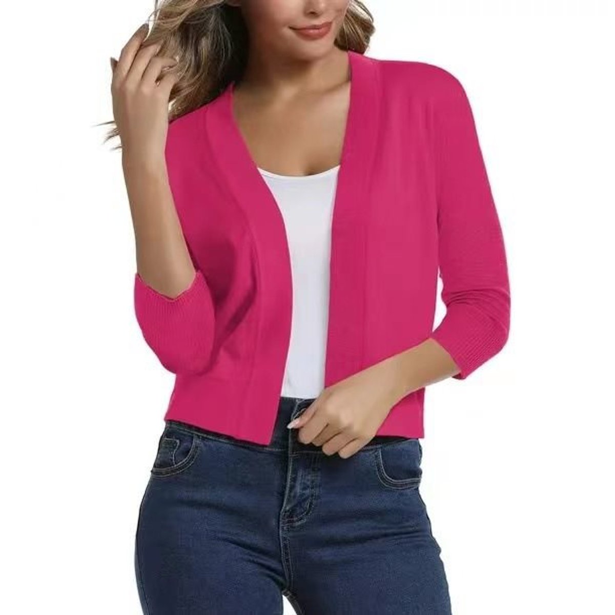 Women's cropped open-front cardigan with three-quarter sleeves