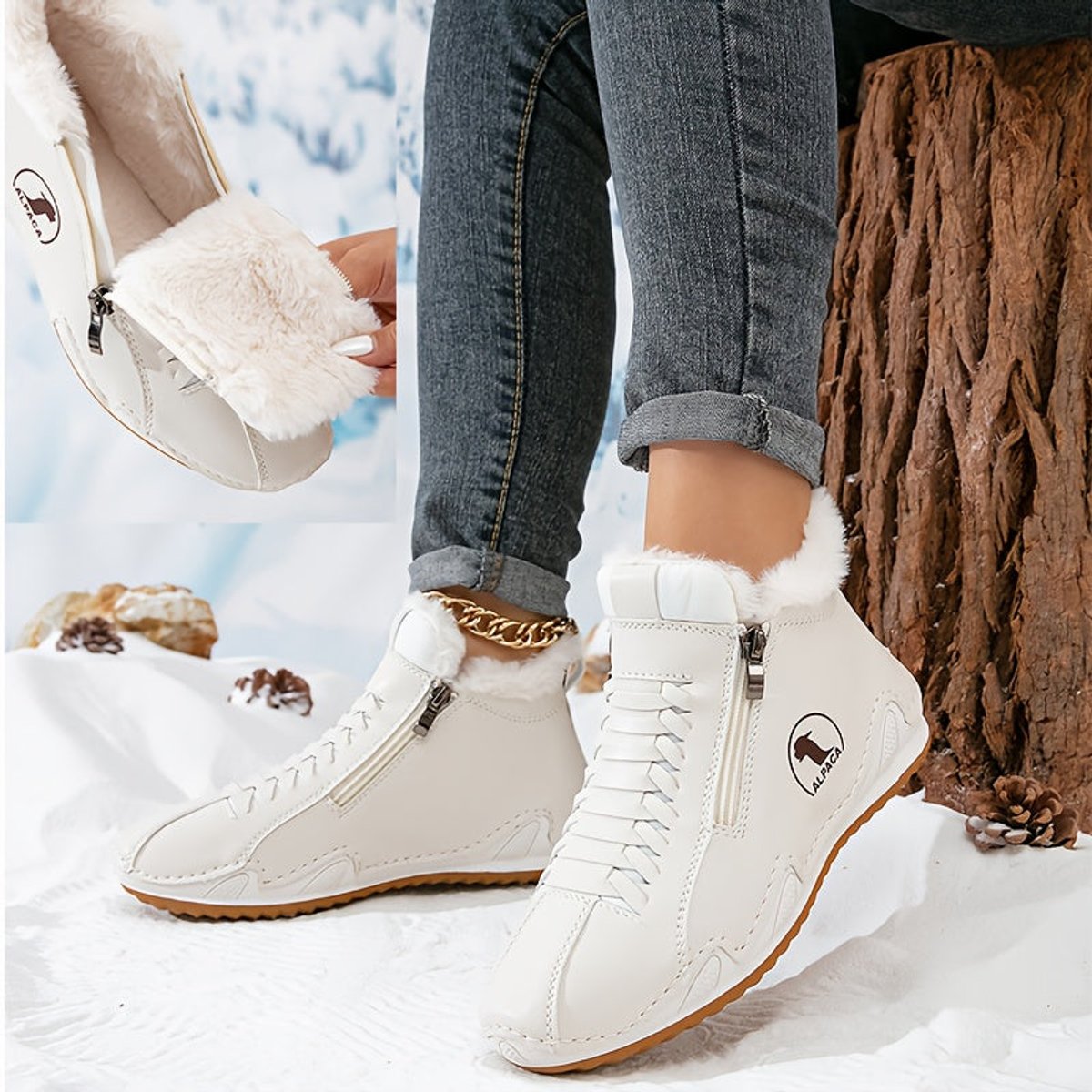 Women's lace-up ankle boots with furry trim, side zip and flat ridged soles