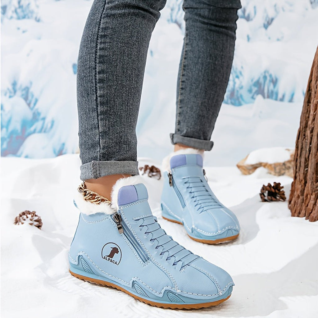 Women's lace-up ankle boots with furry trim, side zip and flat ridged soles