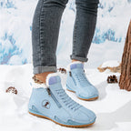 Women's lace-up ankle boots with furry trim, side zip and flat ridged soles