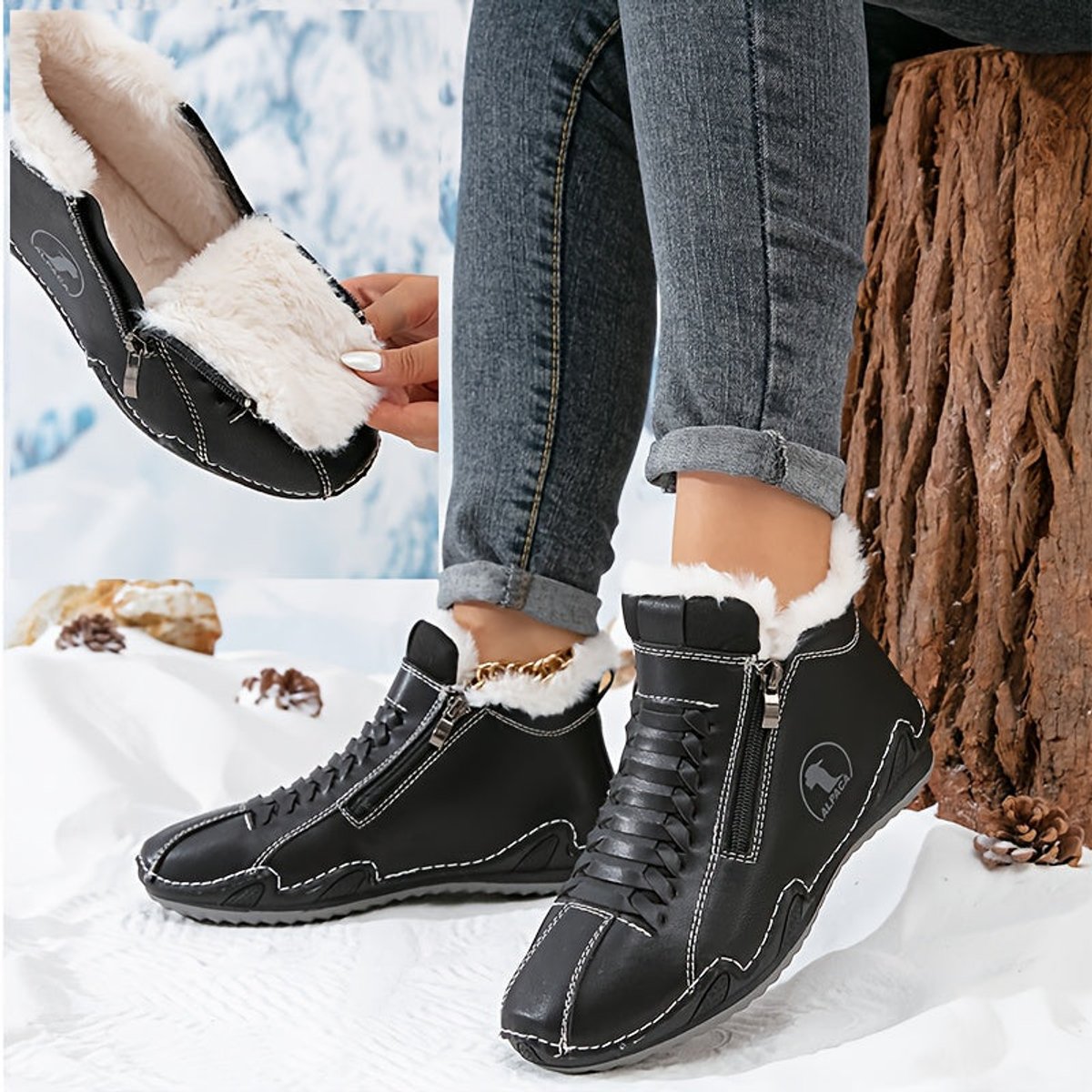 Women's lace-up ankle boots with furry trim, side zip and flat ridged soles