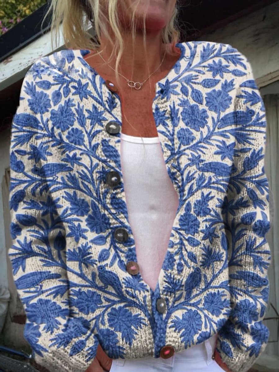 Women's floral knit cardigan with long sleeves and button front
