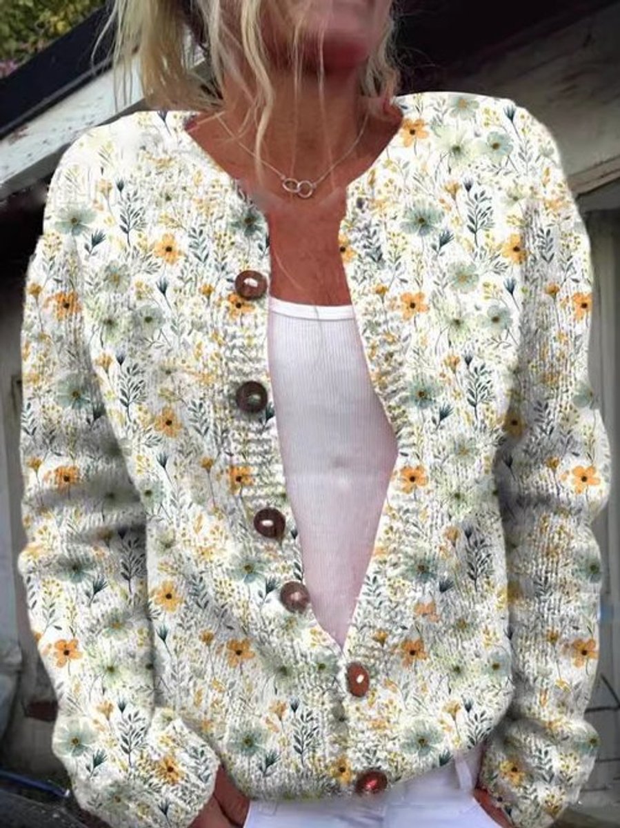 Women's floral knit cardigan with long sleeves and button front
