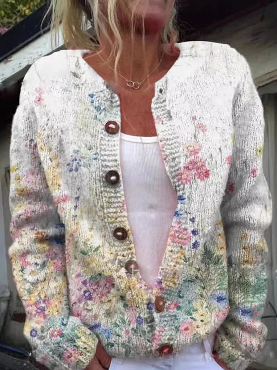 Women's floral knit cardigan with long sleeves and button front