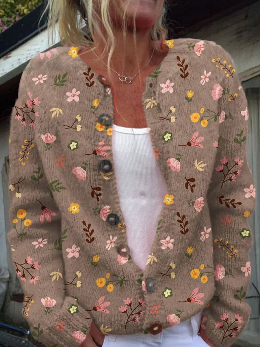 Women's floral knit cardigan with long sleeves and button front