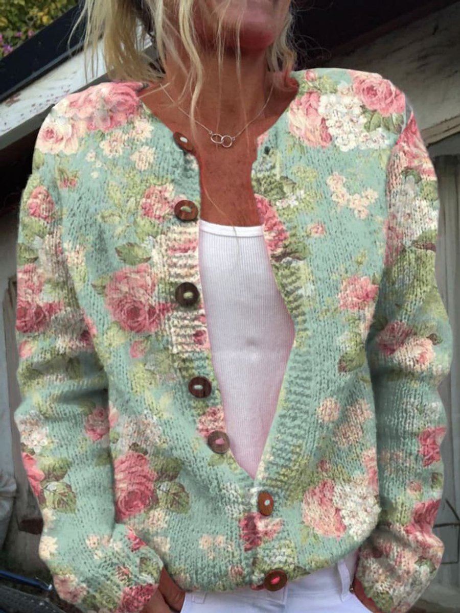Women's floral knit cardigan with long sleeves and button front