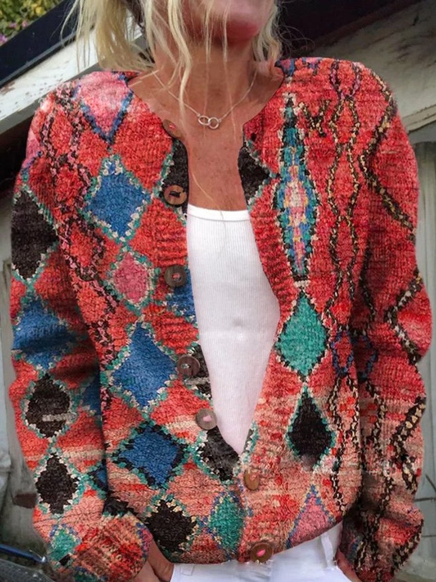 Women's floral knit cardigan with long sleeves and button front