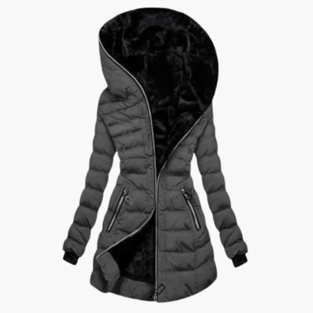 Women's long quilted puffer jacket with hood and faux fur trim