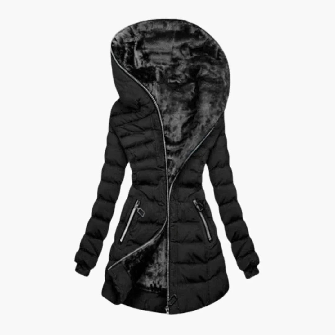 Women's long quilted puffer jacket with hood and faux fur trim