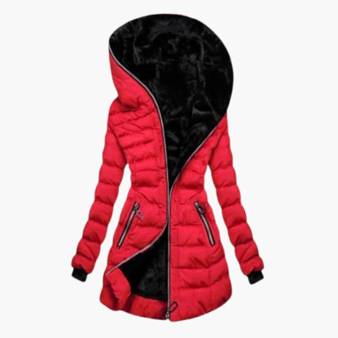 Women's long quilted puffer jacket with hood and faux fur trim