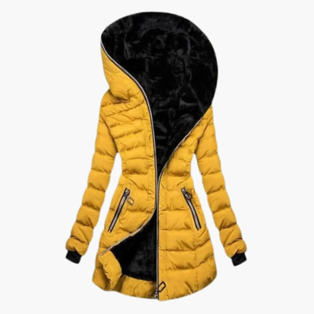 Women's long quilted puffer jacket with hood and faux fur trim