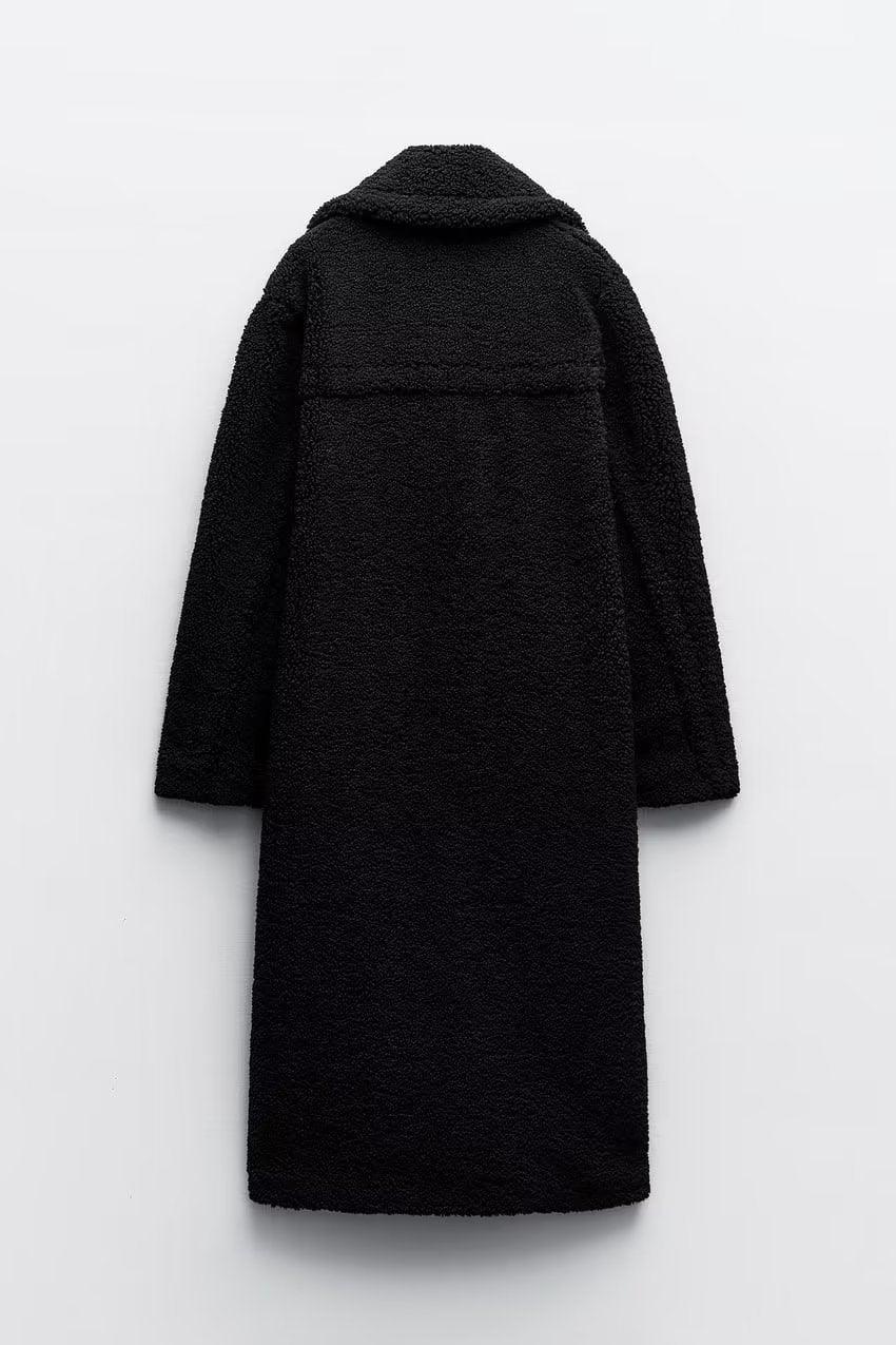 Women's long teddy coat with notched lapels and button front