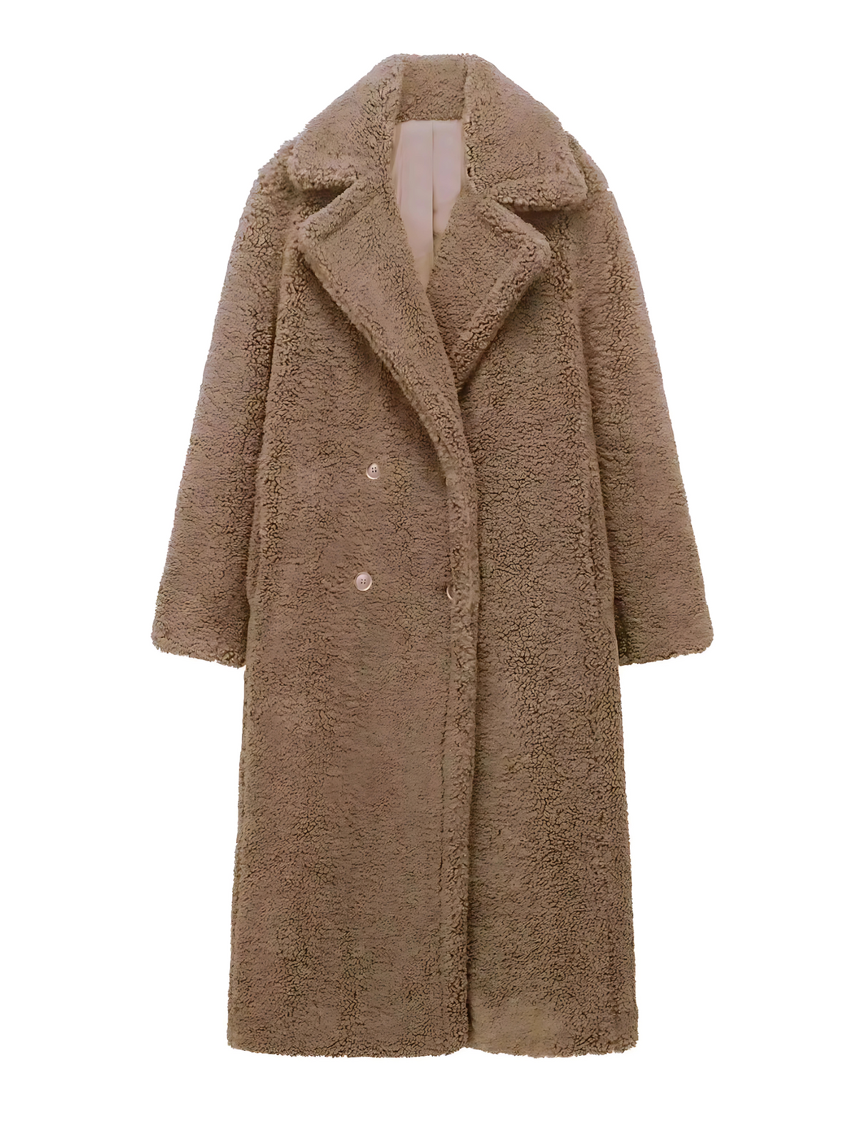 Women's long teddy coat with notched lapels and button front