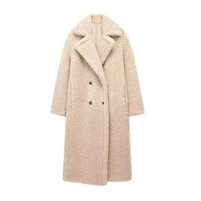 Women's long teddy coat with notched lapels and button front